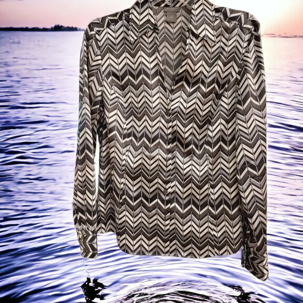 Vtg. Ann Taylor Silver & Black Chevron/Herringbone Women’s Top Sz 12P